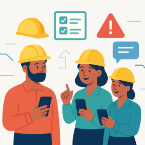 Illustratie van drie bouwmedewerkers met helmen die via hun smartphones een veiligheidsgesprek voeren. Op de achtergrond staan pictogrammen van een bouwhelm, checklist, waarschuwingsteken en chatballon in E-lia kleuren blauw, groen, rood en geel. De stijl is modern, vlak en minimalistisch met een lichte achtergrond.