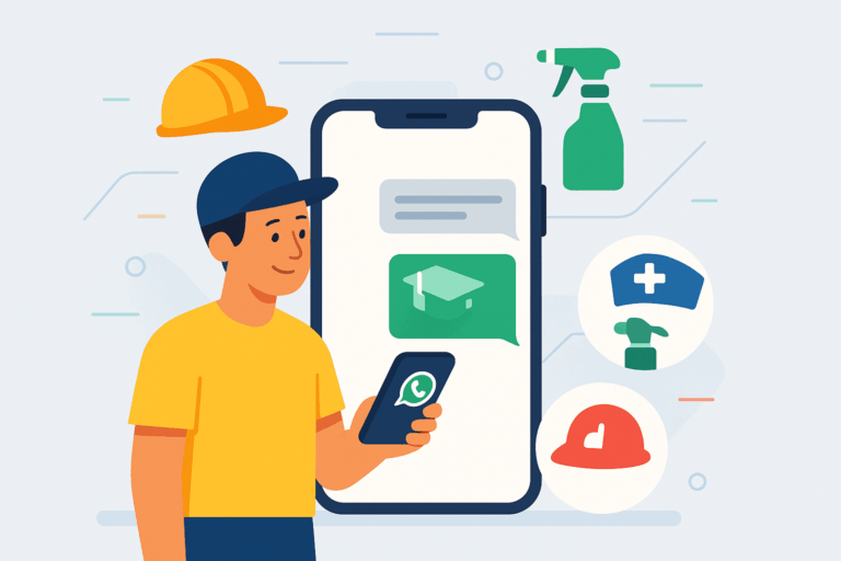Illustratie van een medewerker die een WhatsApp-bericht met een leermodule ontvangt op zijn smartphone. Rondom zweven pictogrammen van een bouwhelm, schoonmaakspray en verpleegstersmuts die verschillende sectoren symboliseren. De stijl is vlak, modern en vriendelijk met E-lia kleuren op een lichtgrijze achtergrond.
