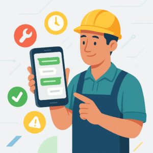 Illustratie van een onderhoudsmedewerker met gele veiligheidshelm en blauw-groene werkkleding die een smartphone vasthoudt met WhatsApp-berichten op het scherm. Rondom zweven pictogrammen van een sleutel, klok, vinkje en waarschuwingsteken in E-lia kleuren blauw, groen, rood en geel op een lichte achtergrond met geometrische vormen.