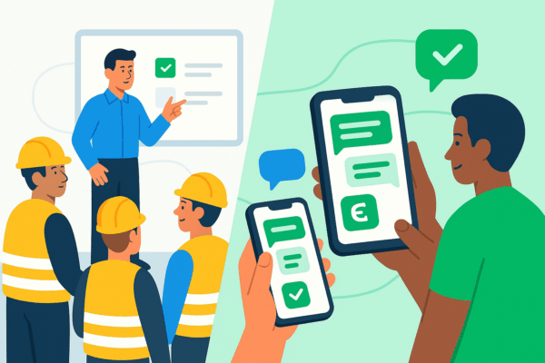 Hybride toolboxmeeting – fysiek én digitaal met E-lia Flat design illustratie van een hybride toolboxmeeting: links een groep werknemers bij een whiteboard, rechts medewerkers die dezelfde toolbox volgen via WhatsApp.