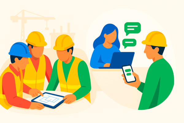 Hybride toolboxmeeting – fysieke en online toolboxen combineren met E-lia Illustratie van een hybride toolboxmeeting waarbij fysieke en online toolboxen worden gecombineerd via E-lia