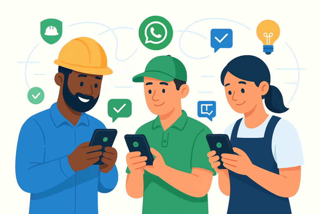Flat design illustratie van drie medewerkers (bouw, logistiek en schoonmaak) die via WhatsApp een toolbox volgen met chatberichten, vinkjes en het E-lia-logo in beeld. Symbolen voor veiligheid en leren, zoals helm en checklist, benadrukken digitale training en compliance.
