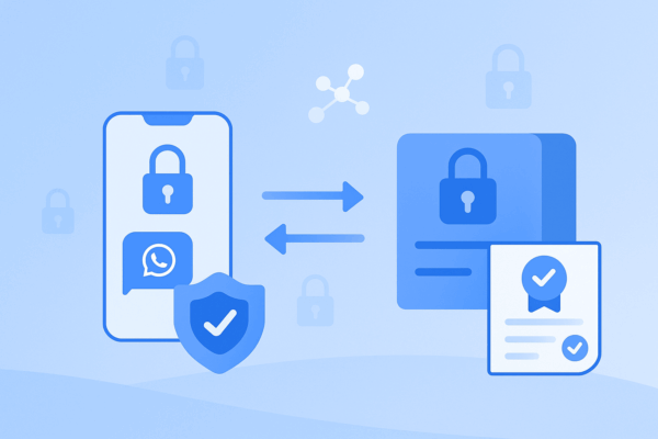 Veilige dataoverdracht via WhatsApp Business API Flat-design illustratie van beveiligde dataoverdracht tussen smartphone en server met slot- en netwerkiconen, symbool voor AVG-conforme communicatie binnen E-lia.