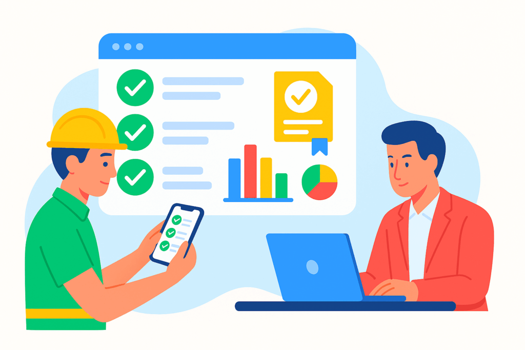 Flat-design illustratie in E-lia-stijl van een medewerker met helm die via smartphone een digitale toolbox afrondt, terwijl een manager op een laptop het overzicht bekijkt met vinkjes, grafieken en een VCA-certificaat-icoon. Gemaakt in de E-lia-kleuren #2F86FE, #FF3433, #FFAA00 en #00BC5A, met witte achtergrond en zachte vormen.