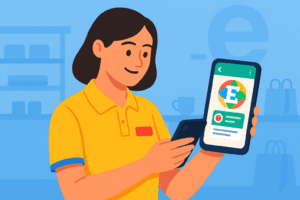 Winkelmedewerker bekijkt via haar telefoon een WhatsApp-bericht van E-lia over productkennis en klantveiligheid.