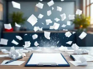 Verkreukelde aanwezigheidslijsten die oplossen in de lucht boven kantoorbureau met lege klembord op voorgrond