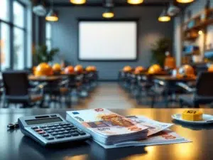 Stapels eurobankbiljetten en rekenmachine op bureau in moderne bedrijfstrainingsruimte met lege stoelen en veiligheidsuitrusting