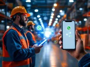 Bouwvakkers in veiligheidskleding op fabrieksvloer verbonden met WhatsApp-interface via digitale lijnen