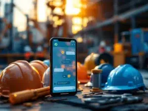 Bouwplaats veiligheidsbriefing met smartphone WhatsApp-interface, helmen, veiligheidsvesten en tablet met veiligheidspictogrammen