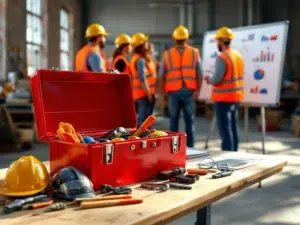 Bouwplaats veiligheidsbijeenkomst met werknemers rond whiteboard, rode gereedschapskist en veiligheidsuitrusting op tafel