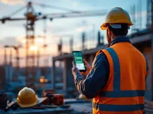 Bouwvakker in veiligheidsvest bekijkt veiligheidsinstructies op smartphone op actieve bouwplaats met kranen