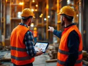 Twee bouwvakkers in veiligheidsvesten bespreken veiligheidsprotocollen op tablet bij bouwplaats met steigers