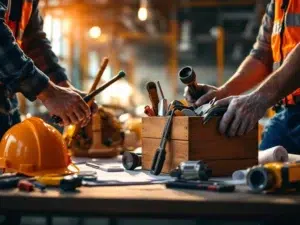 Bouwvakkers houden veiligheidshelmen en gereedschap vast rond houten gereedschapskist op bouwplaats