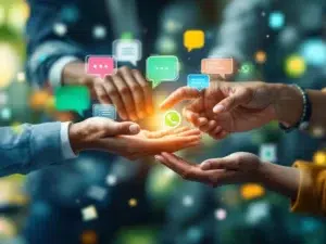 Diverse handen houden kleurrijke communicatietools vast met spraakbellen en WhatsApp-interface elementen op blauwe achtergrond