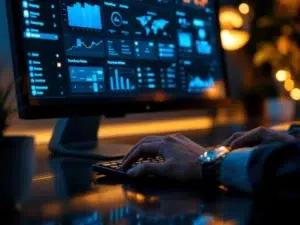 Moderne digitale dashboard interface op monitor met georganiseerde tools en widgets, handen boven toetsenbord