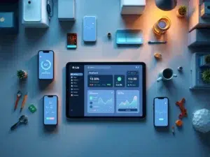 Digitaal dashboard op tablet omgeven door georganiseerde gereedschapskisten met voortgangsindicatoren op smartphones