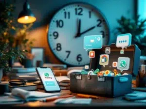 Grote moderne klok omringd door stoffige laptops en notebooks, smartphone met WhatsApp-berichten en toolbox met leersymbolen