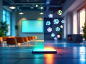 Smartphone met WhatsApp-interface en digitale leertools naast lege moderne trainingsruimte met stoelen en whiteboard