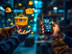 Diverse handen reiken naar digitale toolboxen en WhatsApp-interfaces, werkkleding en zakelijke kleding, digitaal leren concept