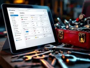 Digitale tablet met gereedschapsinventaris-app naast rode metalen gereedschapskist met diverse professionele tools