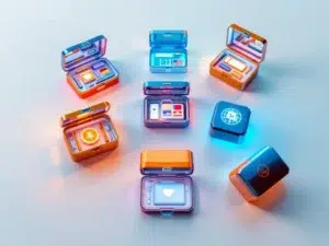 Veelkleurige digitale gereedschapskisten met taalsymbolen en vlaggen, zwevend boven wit oppervlak met warme verlichting.