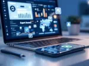 Laptop met digitale toolbox interface en smartphone met WhatsApp meldingen op minimalistische bureau met blauwe accenten