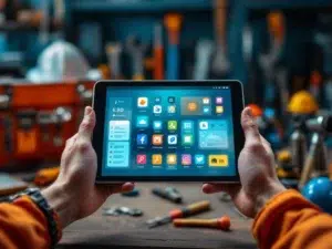 Handen houden tablet met kleurrijke app-interfaces, gereedschapskisten op achtergrond, digitaal leren concept