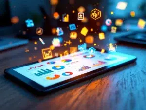 Digitale tablet met kleurrijke data-analysegrafieken en zwevende 3D-pictogrammen op houten bureau met warme verlichting