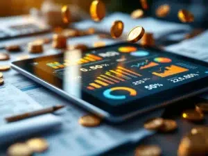 Tablet met kleurrijke financiële grafieken omringd door papieren facturen, gouden munten en rekenmachine
