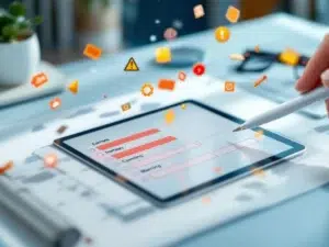 Digitale tablet toont onvolledig formulier met rode foutmeldingen, stylus wijst naar lege velden, zwevende waarschuwingssymbolen