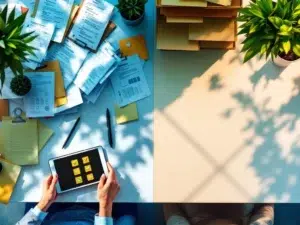 Moderne kantoorbureau toont transformatie van papieren rommel naar georganiseerde digitale veiligheidschecklists op tablet