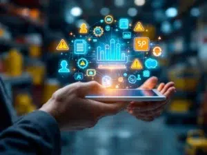 Handen houden tablet met interactieve veiligheidspictogrammen en 3D digitale elementen op industriële werkplek achtergrond