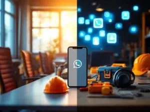 Vergelijking van traditionele vergaderruimte met lege stoelen en veiligheidshelmen versus moderne smartphone met WhatsApp en digitale leerpictogrammen