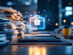 Split-screen vergelijking: rommelige papierenstapels links versus georganiseerde digitale werkruimte met tablet rechts