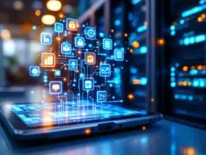 Industriële tablet met toolbox management interface verbonden met serverrack via gloeiende blauwe datastromen