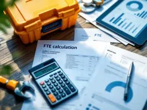 Rekenmachine op modern kantoorbureau met veiligheidsdocumenten, tablet met grafieken en smartphone met WhatsApp