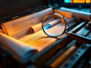 Open gereedschapskist met instructiehandleidingen en vergrootglas voor nauwkeurige documentanalyse