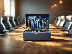 Open gereedschapskist met professionele tools op houten vergadertafel in moderne kantooromgeving