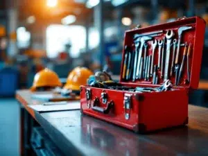 Open rode gereedschapskist met professionele tools op werkbank in industriële omgeving met veiligheidsuitrusting