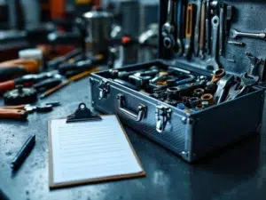 Registratieformulieren op klembord naast open gereedschapskist met georganiseerde industriële gereedschappen op werkplaats