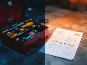 Rode gereedschapskist met georganiseerde vakken naast witte veiligheidsinstructiehandleiding met waarschuwingssymbolen