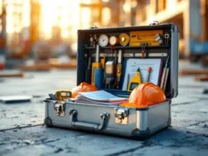 Open industriële gereedschapskist met veiligheidsuitrusting en documenten op bouwplaats bij gouden uur verlichting