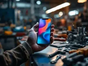 Werkershand houdt smartphone met kleurrijke app vast op werkbank met gereedschap in industriële omgeving