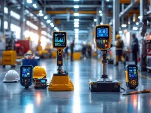 Industriële werkplek met digitale veiligheidsmeters, helmen en monitoring apparatuur op moderne fabrieksvloer
