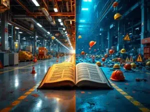 Gesplitst fabrieksbeeld toont gevolgen van verkeerde vertaling: veilige werkplek links, chaos met helmen rechts, woordenboek centraal