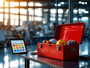 Rode gereedschapskist met veiligheidsuitrusting op werkbank in moderne industriële werkplaats met machines op achtergrond