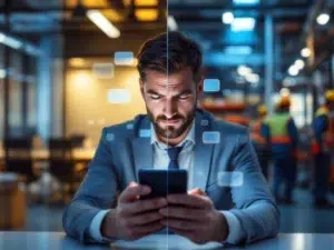 Gefrustreerde kantoormedewerker met smartphone toont communicatiekloof tussen management en fabrieksarbeiders