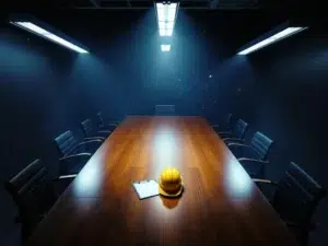 Lege vergaderzaal met houten tafel, stoelen en gele veiligheidshelm op klembord onder fluorescerende verlichting