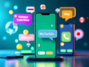 Smartphone schermen tonen video tutorials met meertalige ondertitels in kleurrijke spraakballonnen en vertaalpictogrammen