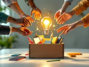 Diverse handen reiken naar gloeiende gloeilamp boven houten gereedschapskist met digitale leertools en mobiele apparaten